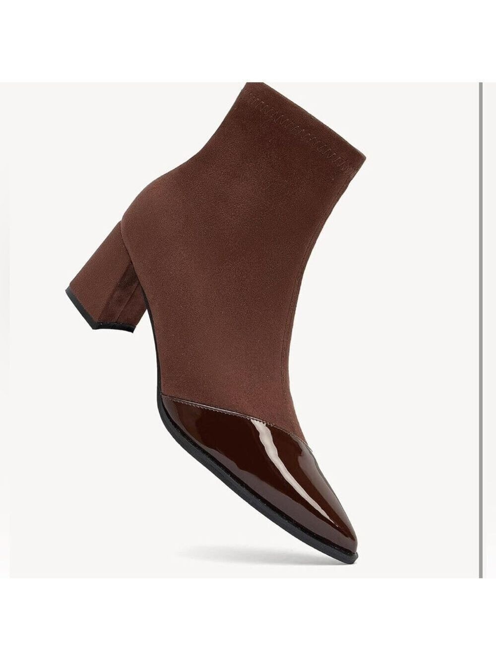 NEWBELLA Brown Leather Chunky Block Heel Suede /Patent toe Ankle Boots